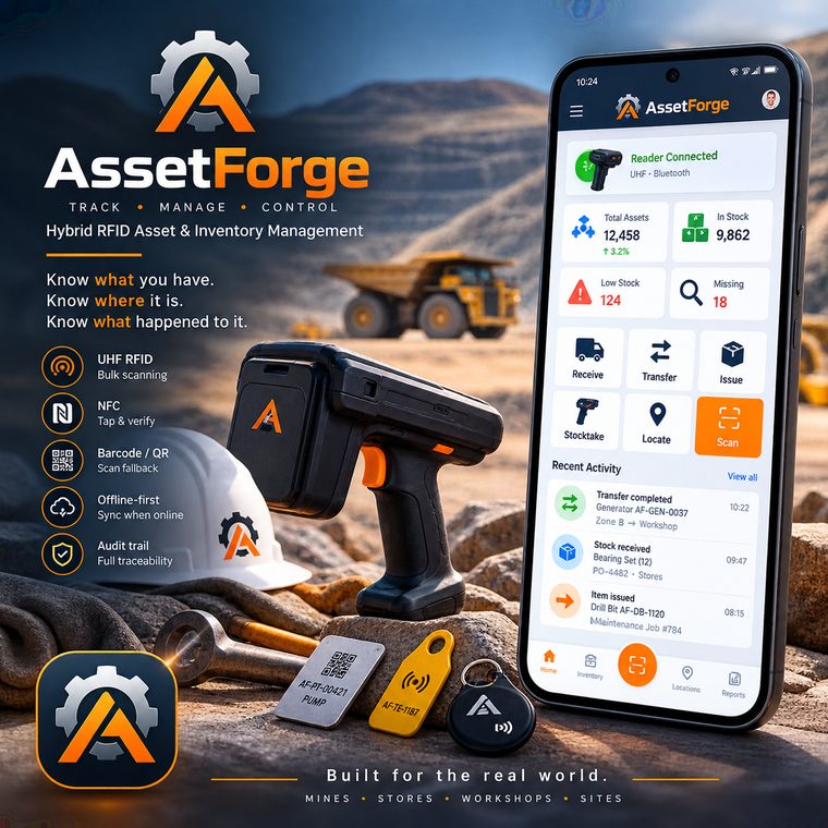 Asset Forge — hybrid RFID asset and inventory management. App concept showing connected scanner, stock levels and recent transfer activity, built for mines, stores, workshops and sites.