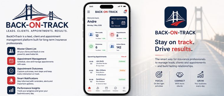 BackOnTrack — stay on track, drive results. App concept showing leads, appointments, active clients and outcomes for insurance professionals.