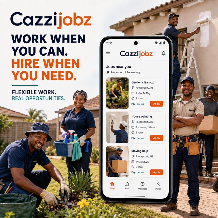 CazziJobz — work when you can, hire when you need. App concept showing nearby jobs, job details and apply action for flexible local work.