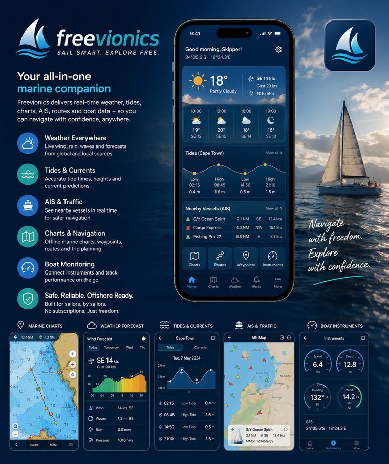 Freevionics — sail smart, explore free. App concept showing live weather and tides, nearby AIS vessel traffic, and offline marine charts.