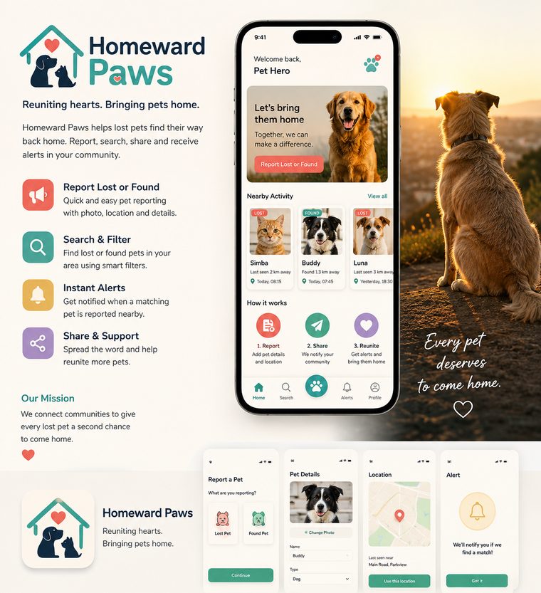 Homeward Paws — reuniting hearts, bringing pets home. App concept showing lost-pet reporting, nearby activity alerts and community sharing.